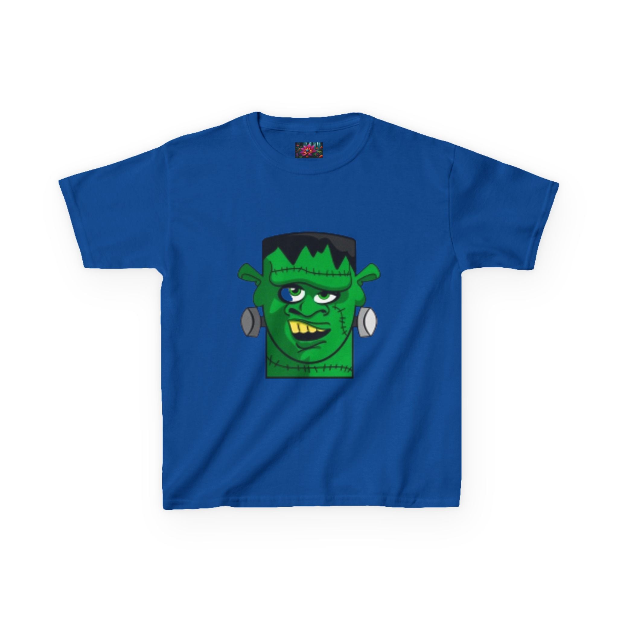 Kids T-shirt— Cute Frankenstein Face Front & Enchanted Forest Back