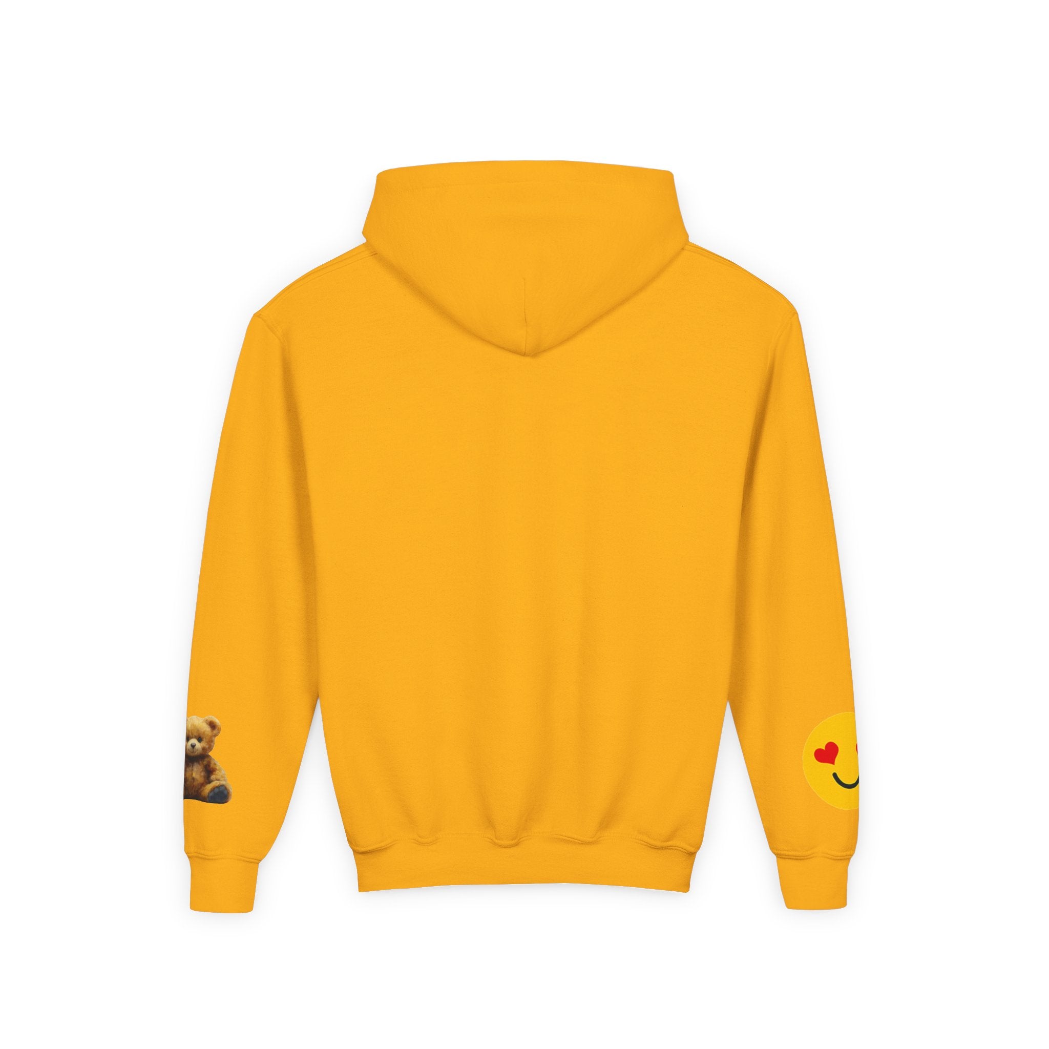 Youth Hoodie with Teddy Bear & Heart-Eyes Emoji Sleeve Accents