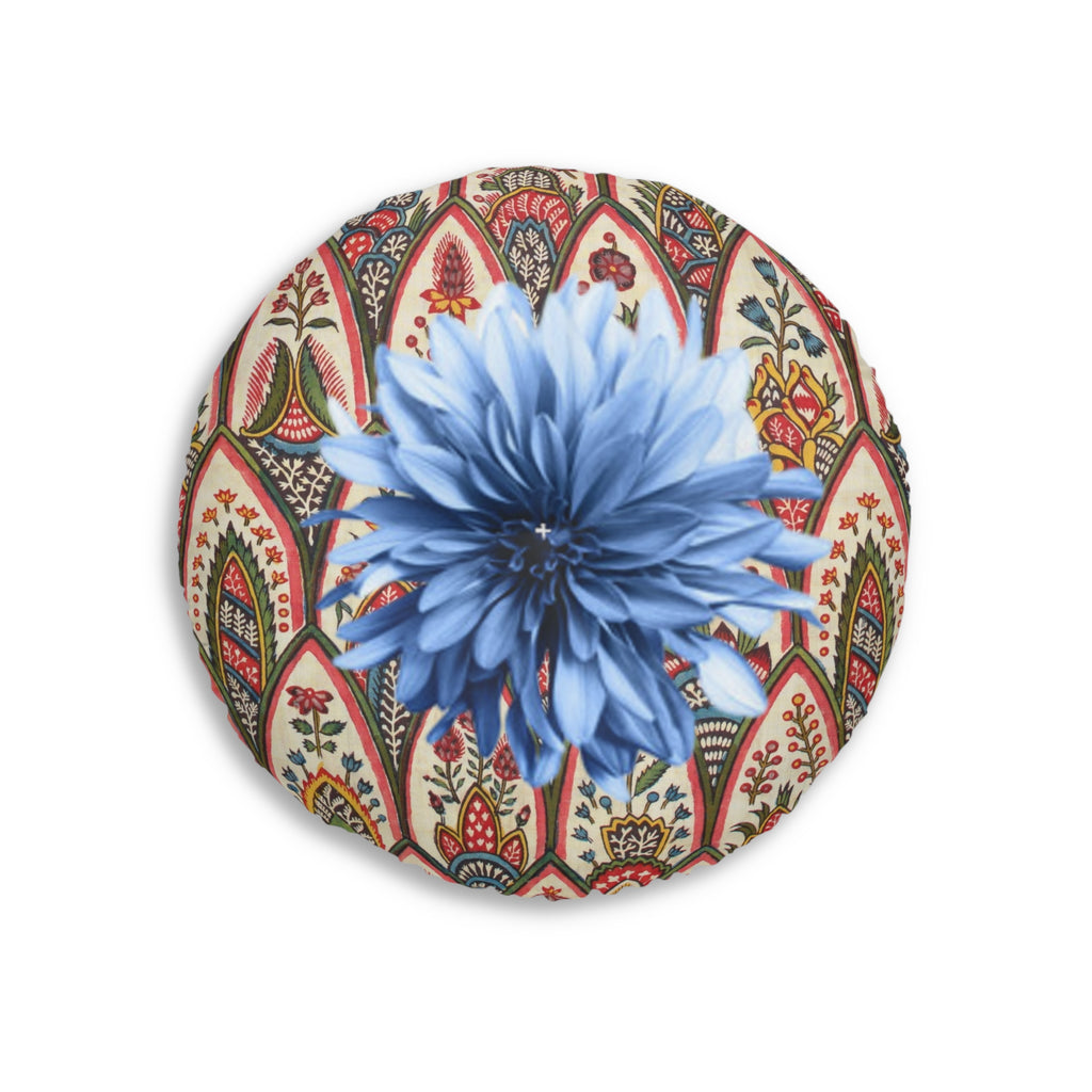 Boho Floral Round Floor Pillow — Vibrant Leopard & Blue Chrysanthemum Tufted Cushion