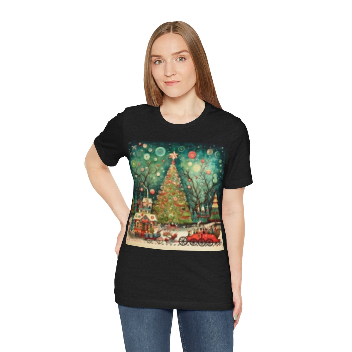 Christmas Tree Vintage Scene Tee — Holiday Village Carriage Design