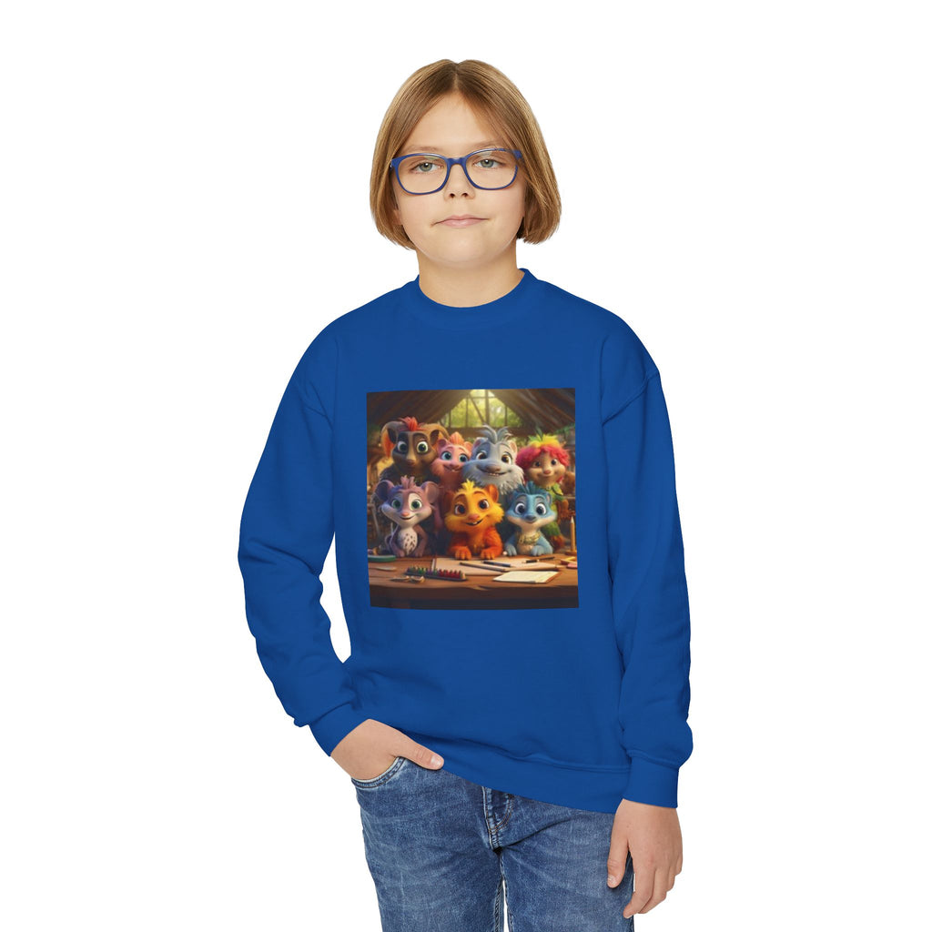 Youth Crewneck Sweatshirt — Colorful Cartoon Kittens Group Graphic