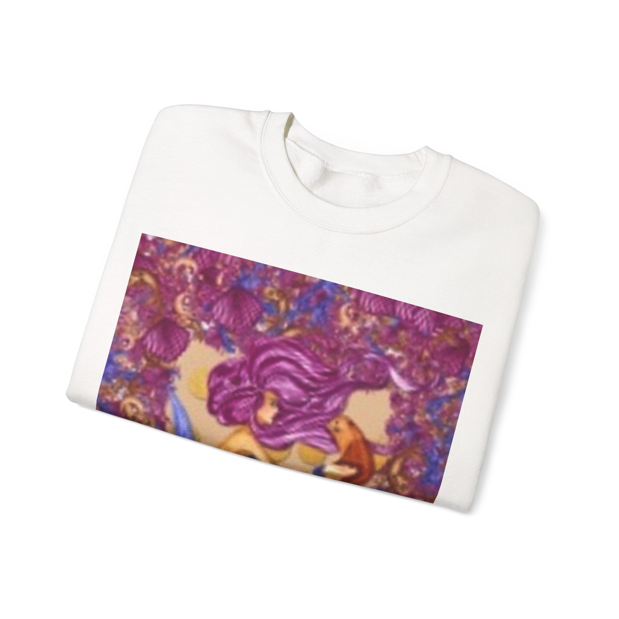 Mermaid & Fox Art Crewneck Sweatshirt — Whimsical Purple Mermaid Illustration