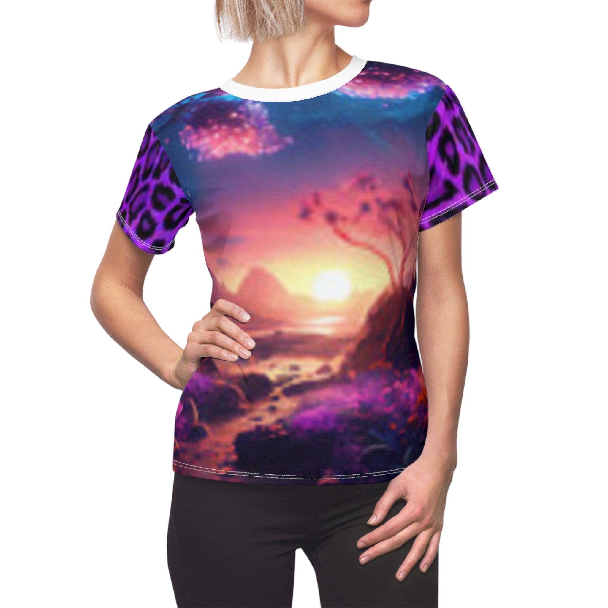 Sunset Fantasy Women's T-shirt — Dreamscape Landscape with Purple Leopard Accents