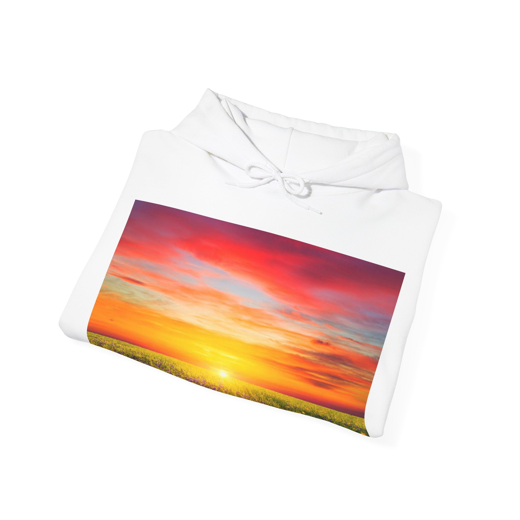 Sunrise Meadow & Horse Graphic Hoodie — Scenic Sunset Landscape and Saddled Horse Print