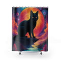 Mystic Black Cat Shower Curtain — Retro Cosmic Moon Bathroom Decor