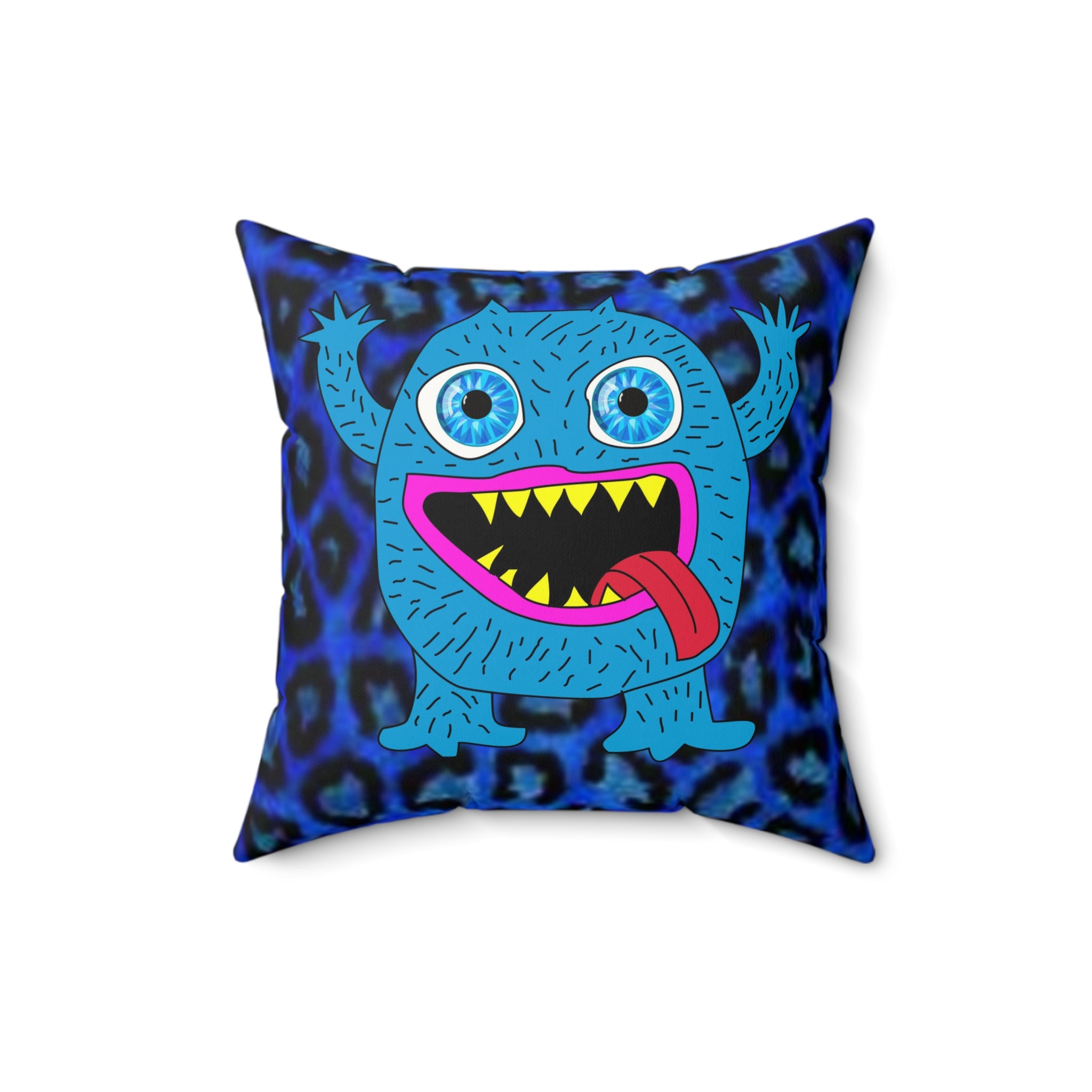 Blue Cartoon Monster Throw Pillow — Cute Fuzzy Monster Decorative Pillow