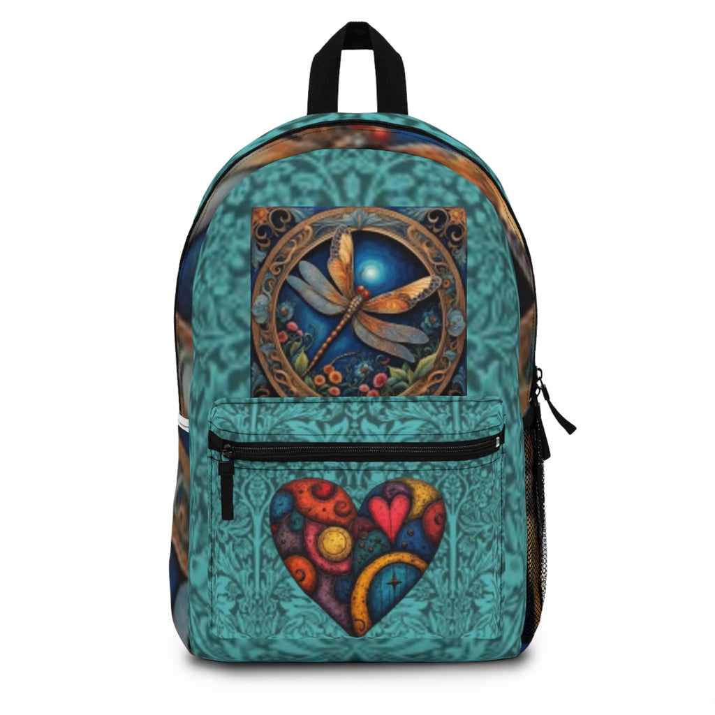 Teal Bohemian Heart & Dragonfly Backpack – Floral Artistic Daypack
