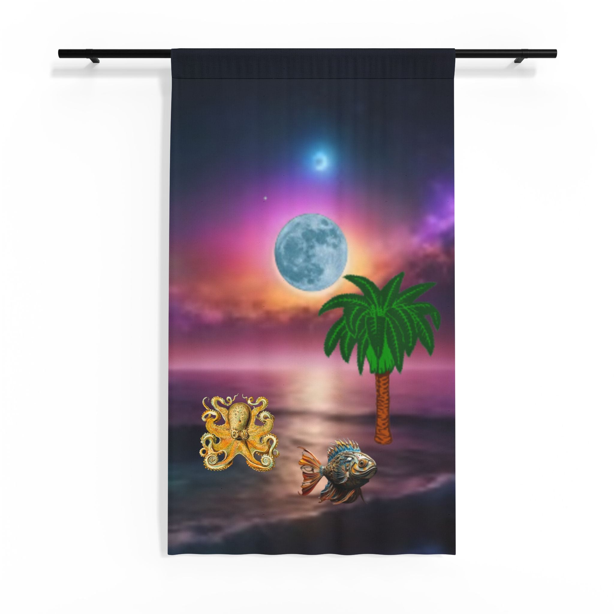 Tropical Moonlight Sheer Curtain – Palm Tree, Ocean & Fantasy Sea Creatures