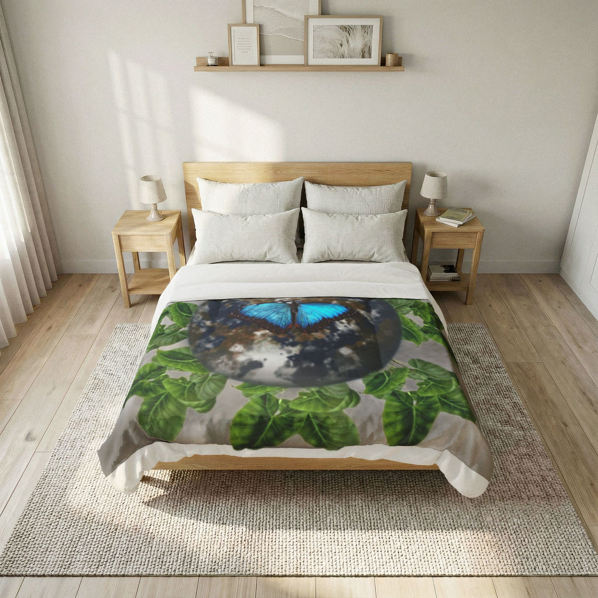 Earth From Space Leaves Blue Butterfly & Earth Facts Cotton Comforter