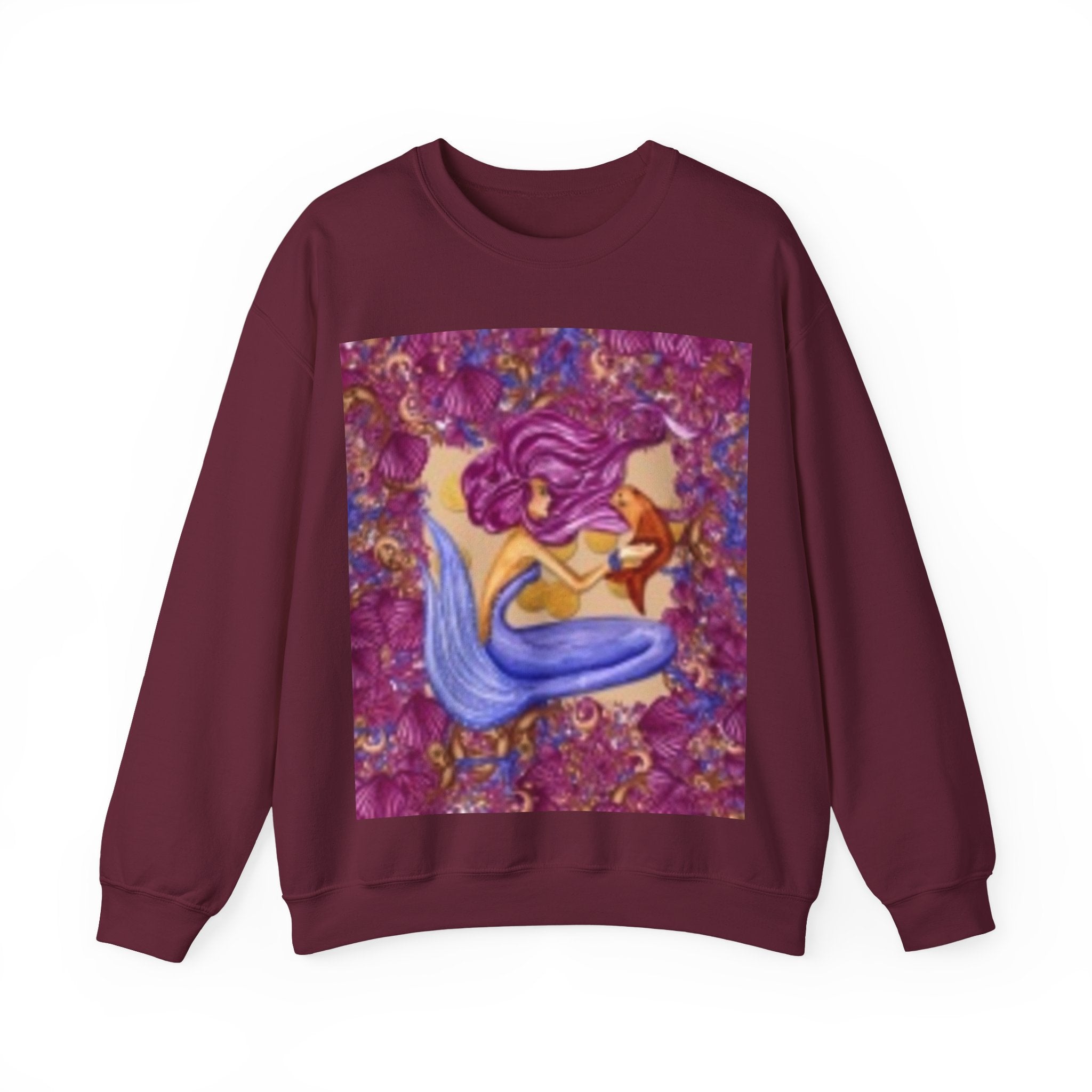 Mermaid & Fox Art Crewneck Sweatshirt — Whimsical Purple Mermaid Illustration