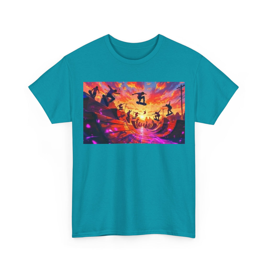 Skate Sunset Graphic Tee — Vibrant Skateboarding Sunset Scene Shirt