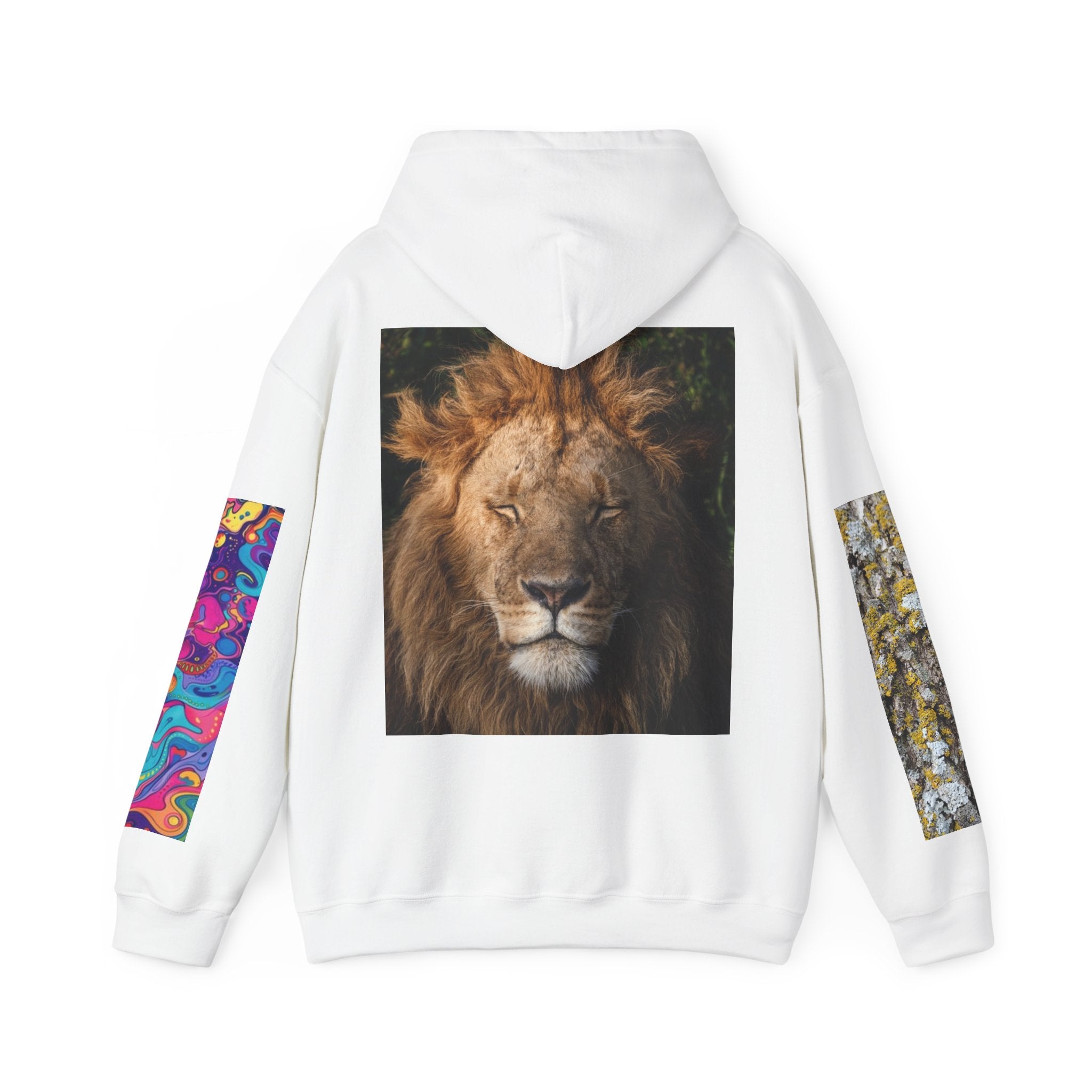 Lion Portrait Hoodie with Colorful Sleeve Accent — Majestic Wildlife Pullover