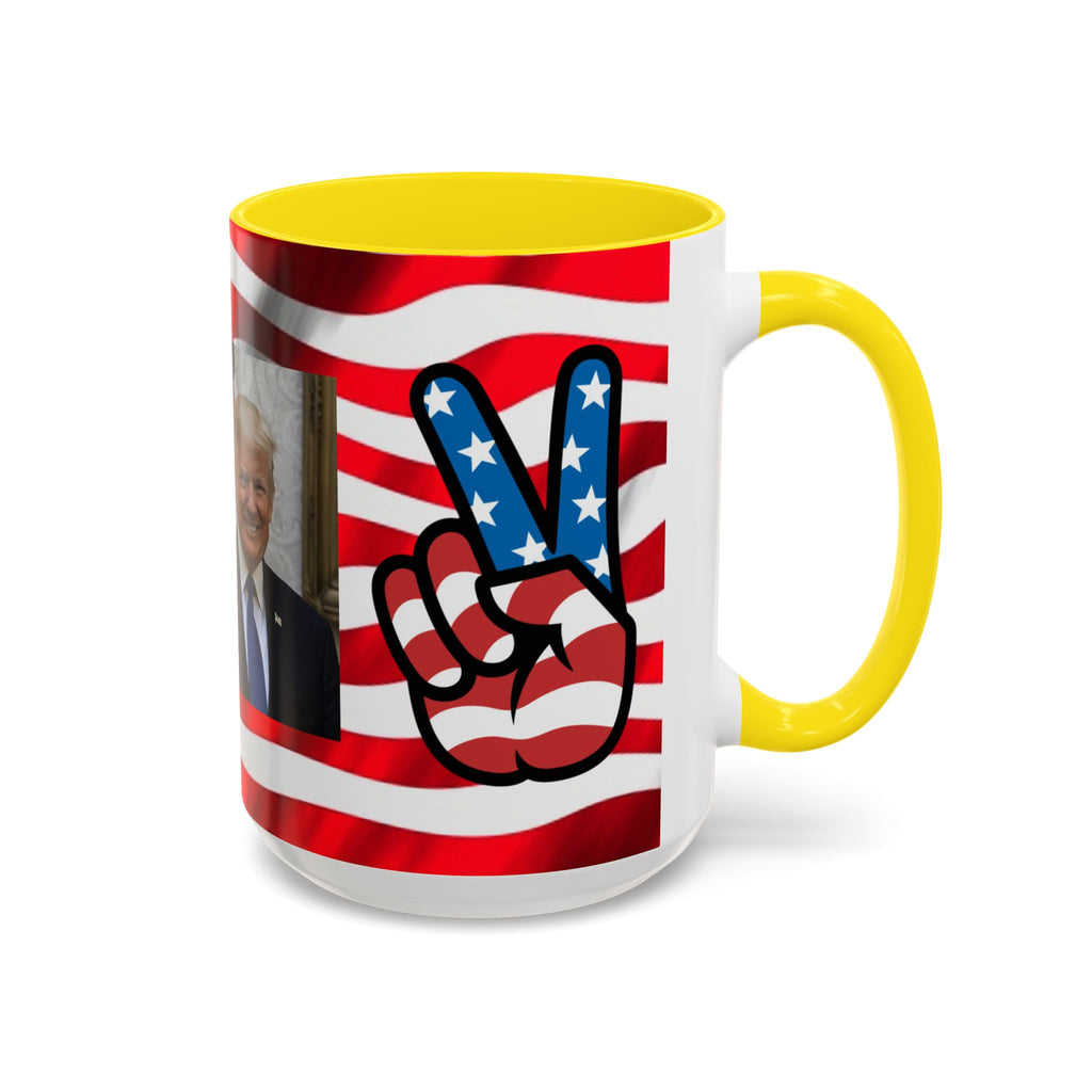 Patriotic President TRUMP Coffee Mug — American Flag Peace Sign & Smile