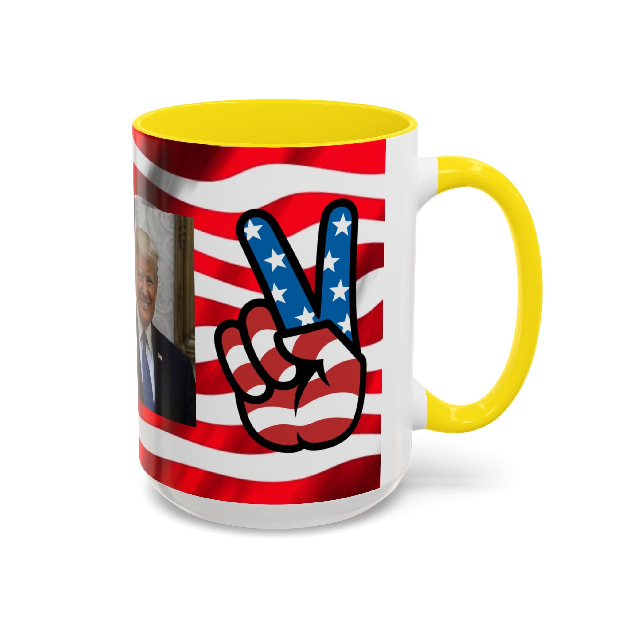 Patriotic President TRUMP Coffee Mug — American Flag Peace Sign & Smile