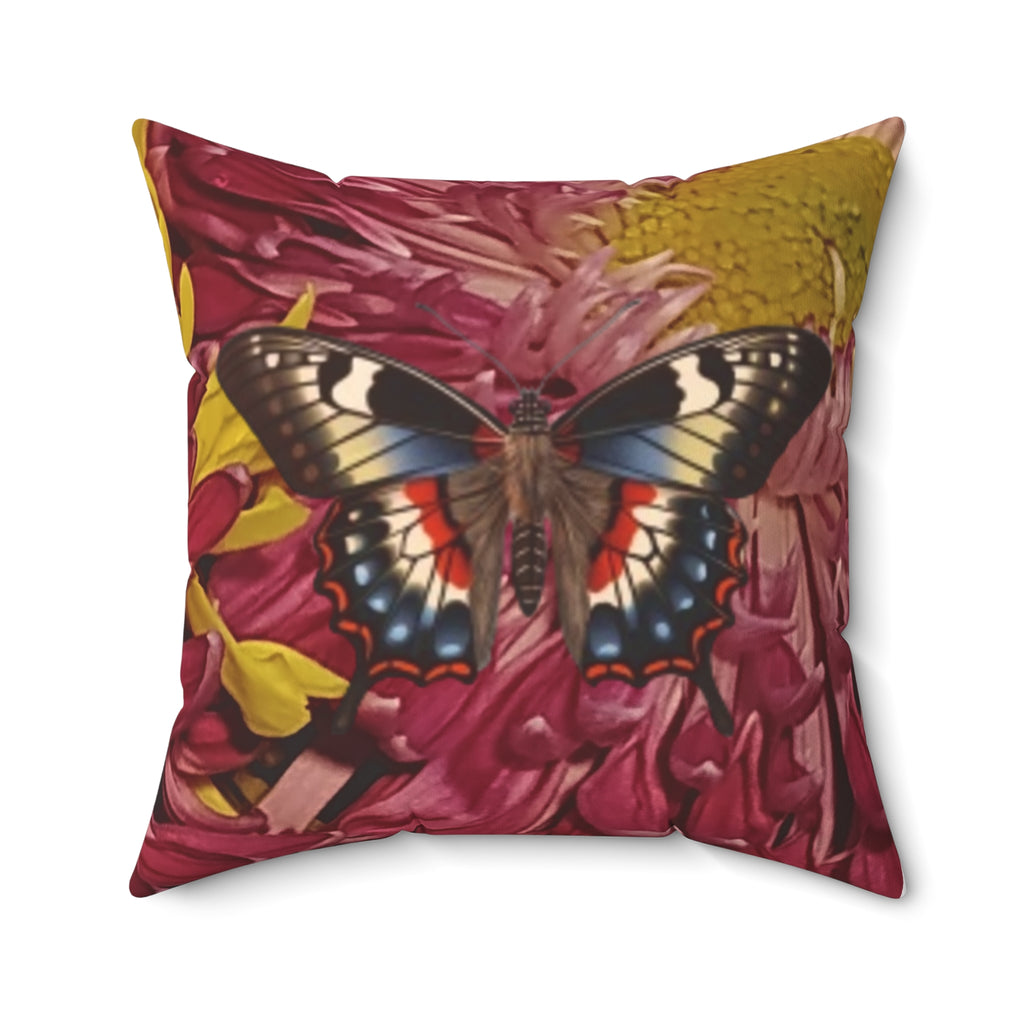 Mary Jordan & Butterfly Floral Throw Pillow — Custom Portrait on Burgundy Chrysanthemum