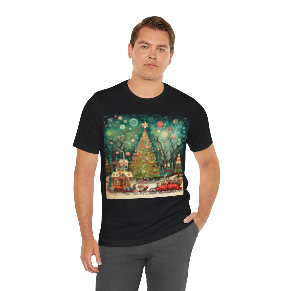 Christmas Tree Vintage Scene Tee — Holiday Village Carriage Design