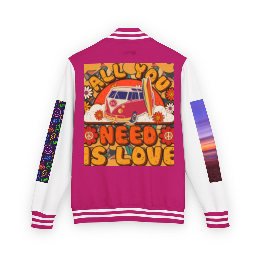 Letterman Jacket — Retro 'All You Need Is Love' Hippie Van & Cannabis Leaf Design