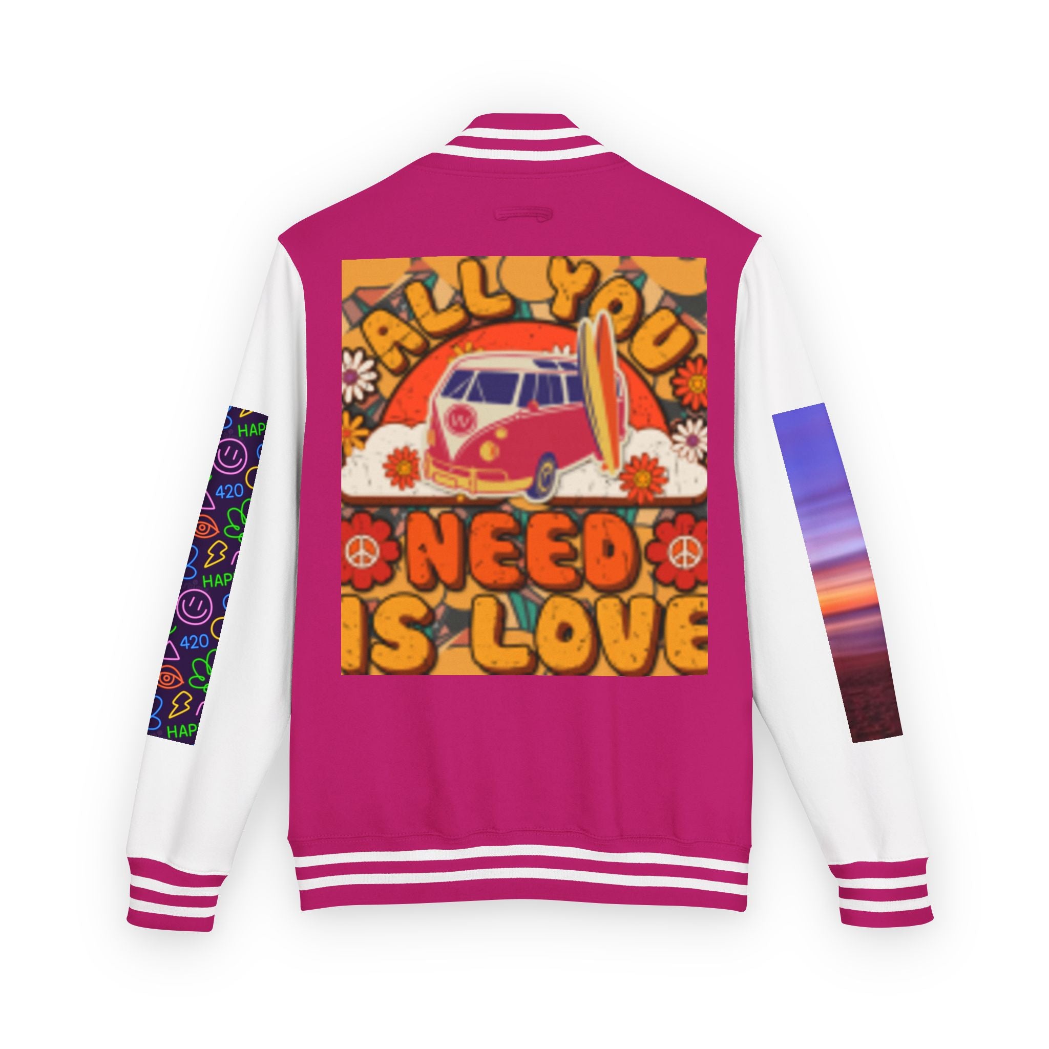 Letterman Jacket — Retro 'All You Need Is Love' Hippie Van & Cannabis Leaf Design