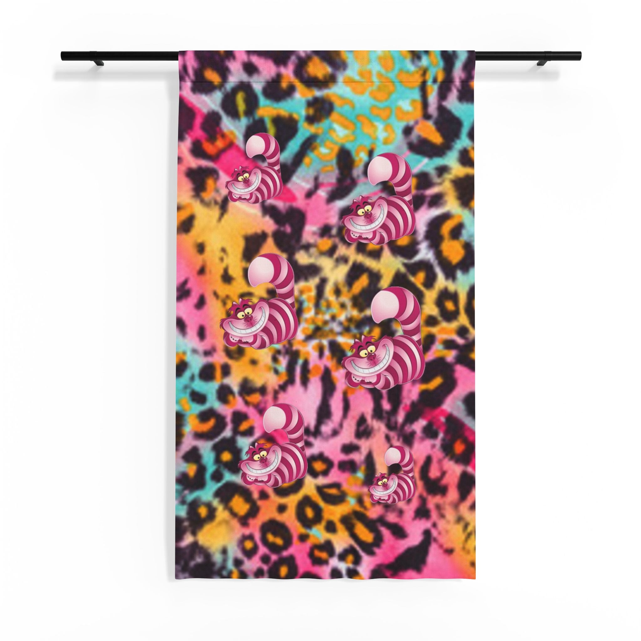 Sheer Window Curtain — Vibrant Neon Leopard Print with Pink Cheshire Cats