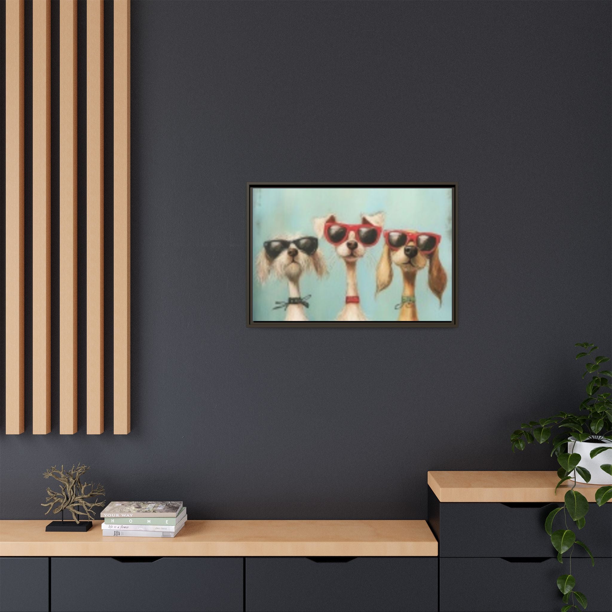 Framed Matte Canvas — Three Cool Dogs in Sunglasses Wall Art
