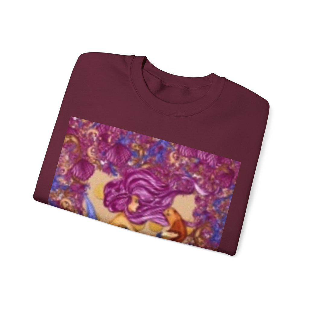Mermaid & Fox Art Crewneck Sweatshirt — Whimsical Purple Mermaid Illustration