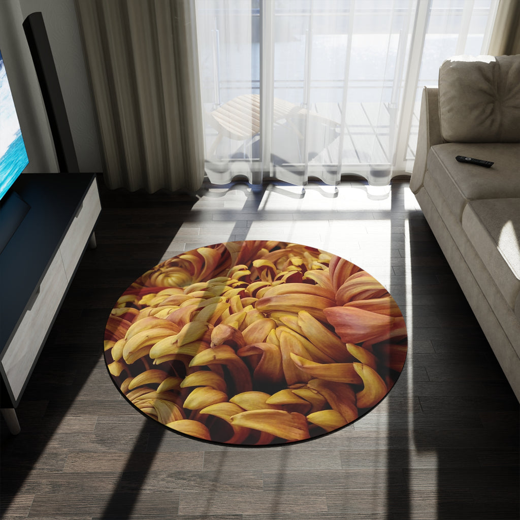 Autumn Chrysanthemum Round Rug — Golden Floral Circular Accent Mat