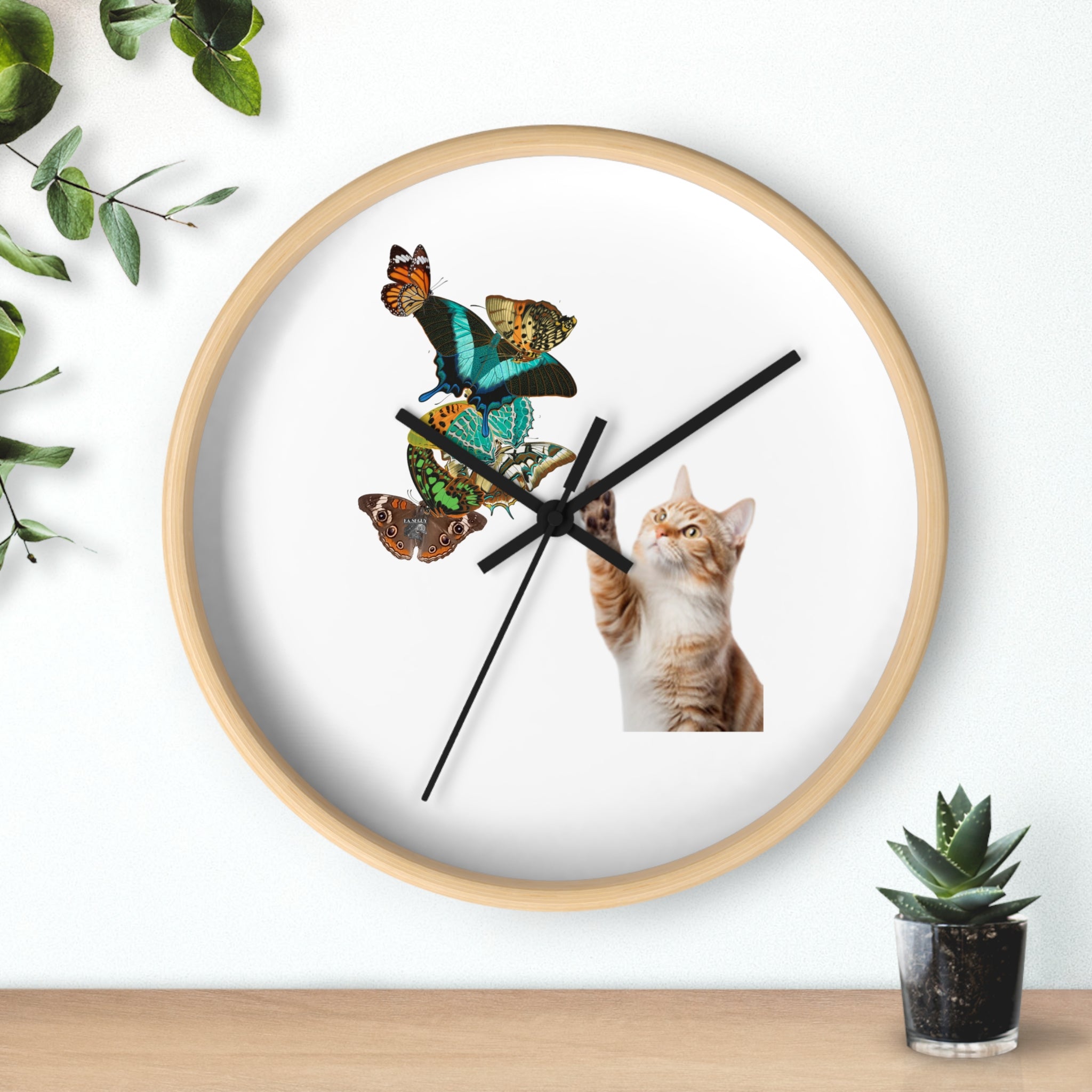 Cat & Butterflies Wall Clock — Cute Cat Reaching for Butterflies Decorative Wall Clock