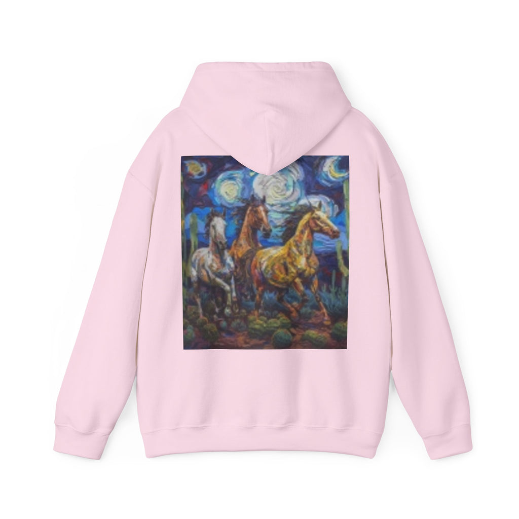 Sunface & Galloping Horses Hoodie — Boho Celestial Horse Art Sweatshirt
