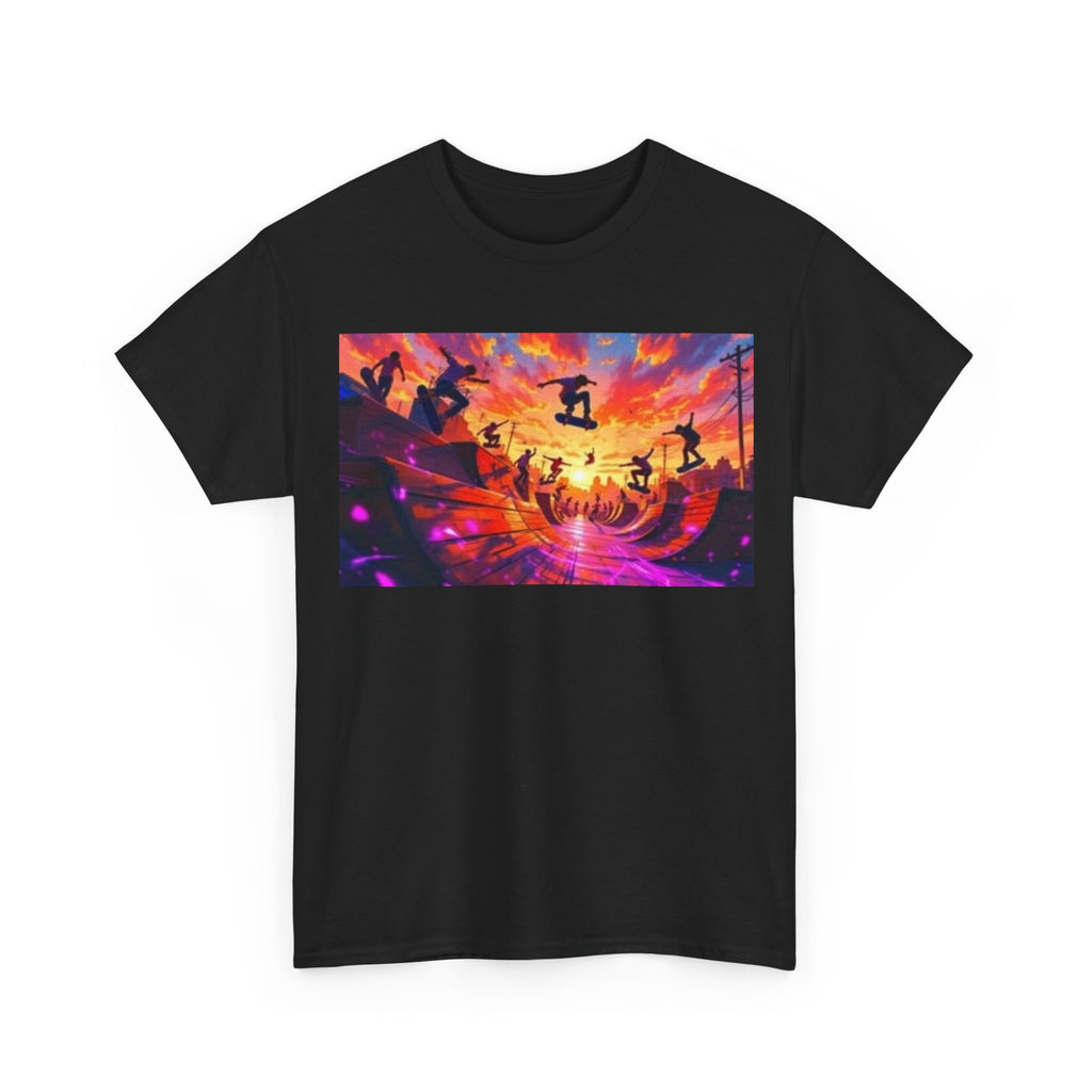 Skate Sunset Graphic Tee — Vibrant Skateboarding Sunset Scene Shirt