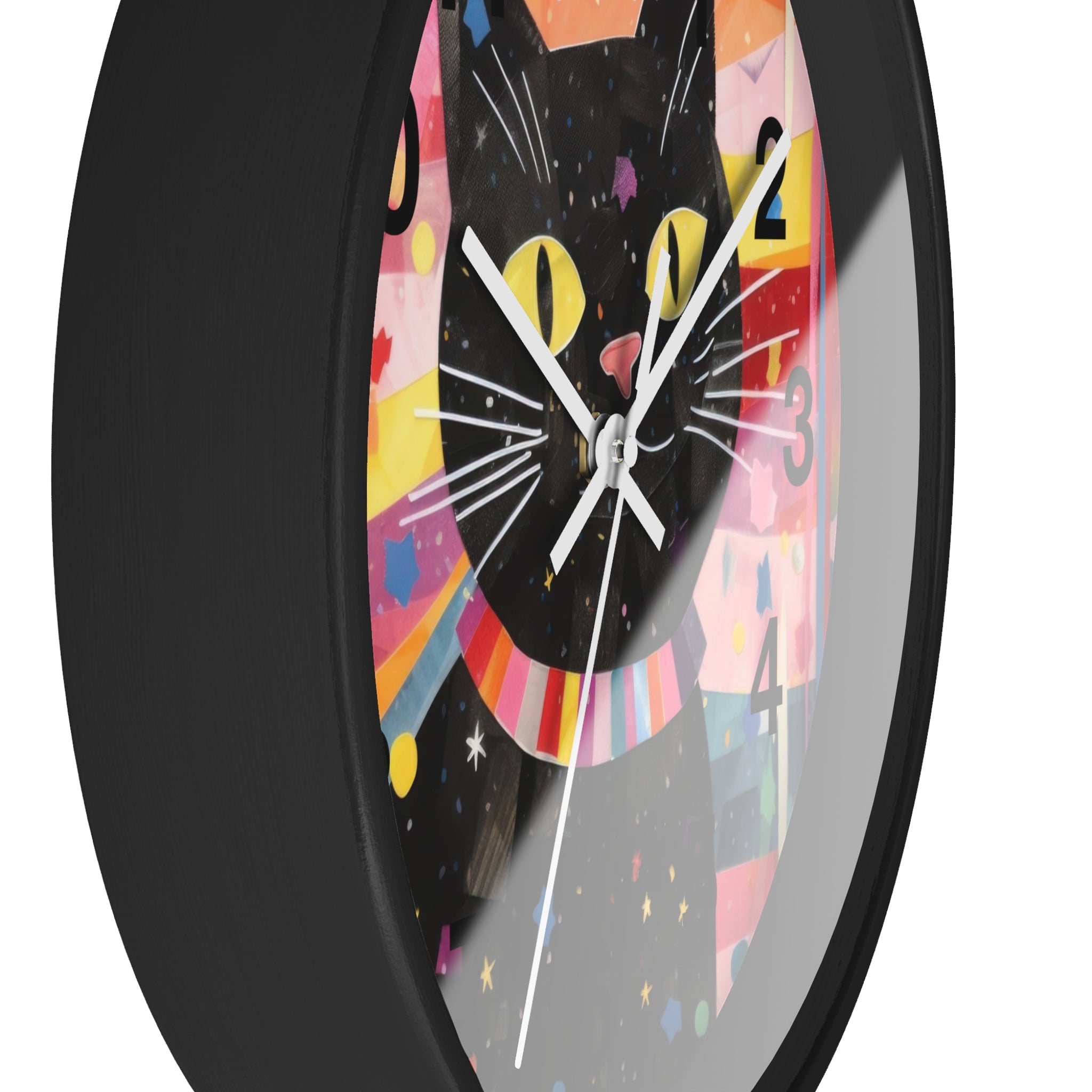 Black Cat Wall Clock — Colorful Retro Cat Clock with Yellow Eyes