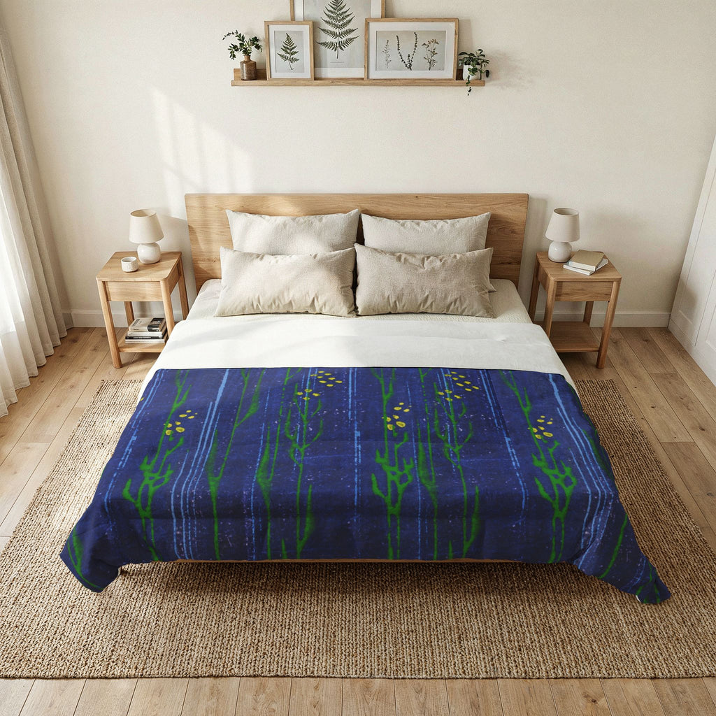 Blue Floral Cotton Comforter — Hand-Painted Meadow Stripe Bedding
