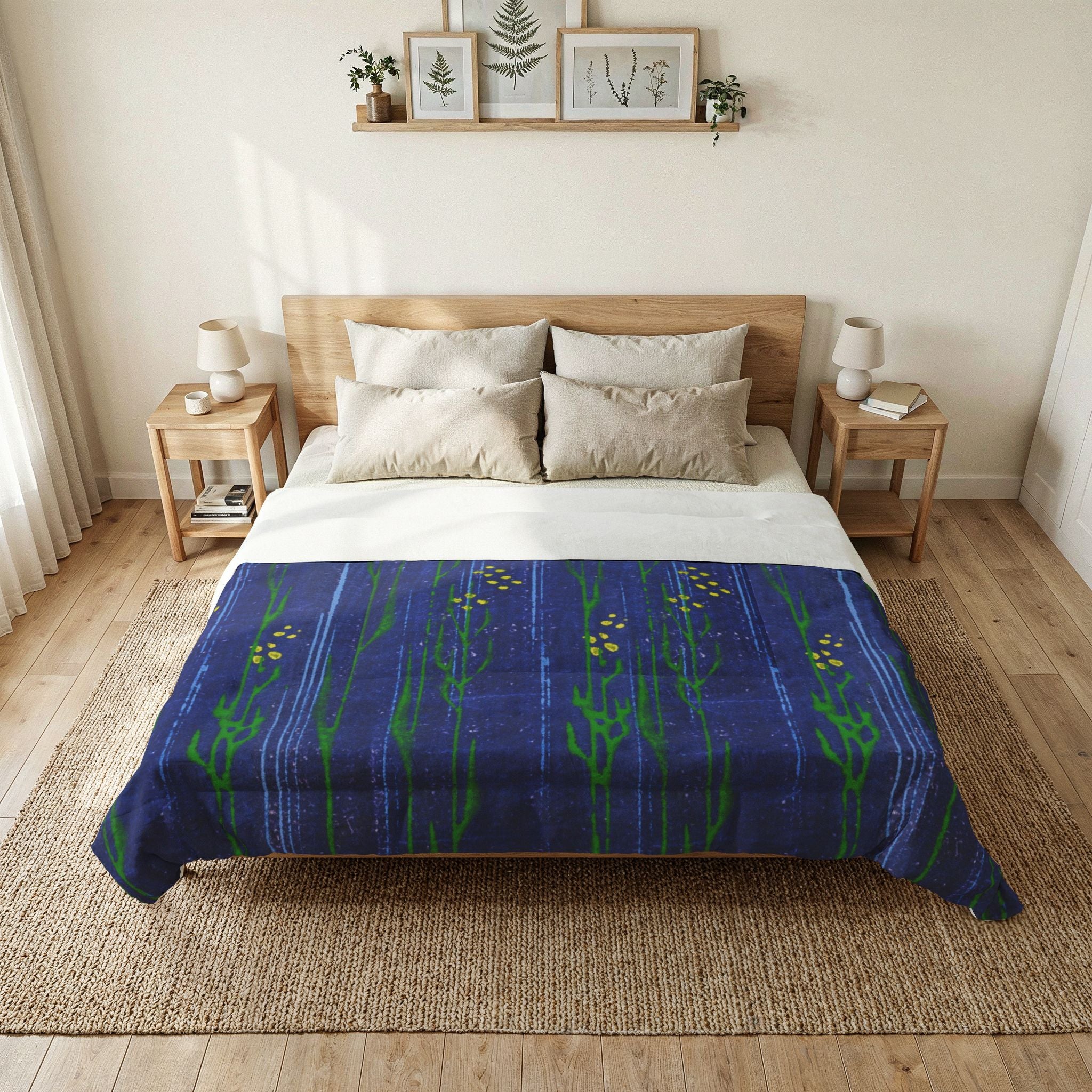 Blue Floral Cotton Comforter — Hand-Painted Meadow Stripe Bedding