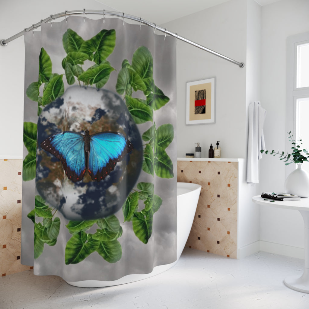Nature Earth Shower Curtain & Earth Facts — Blue Butterfly & Green Leaves Bathroom Decor