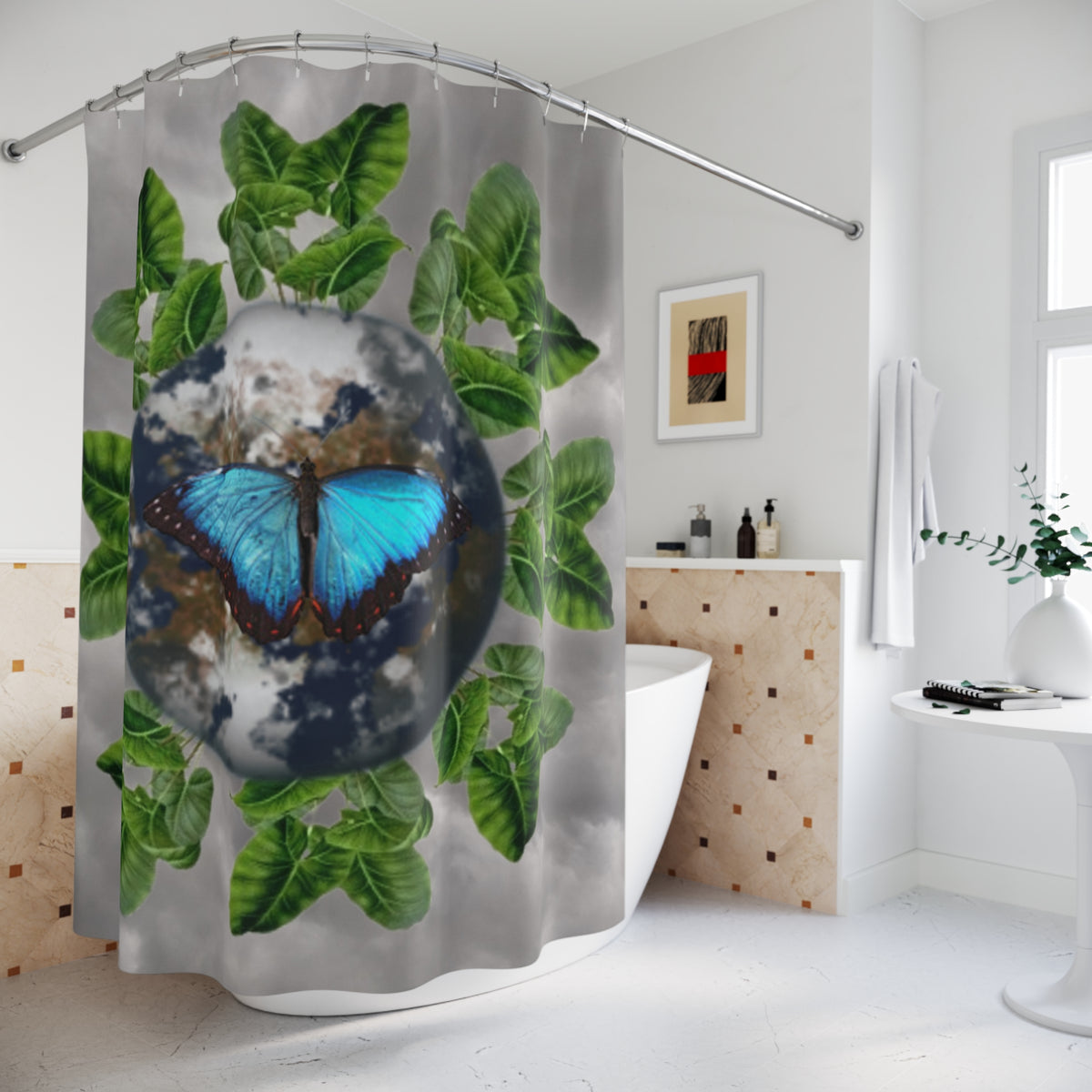 Nature Earth Shower Curtain & Earth Facts — Blue Butterfly & Green Leaves Bathroom Decor