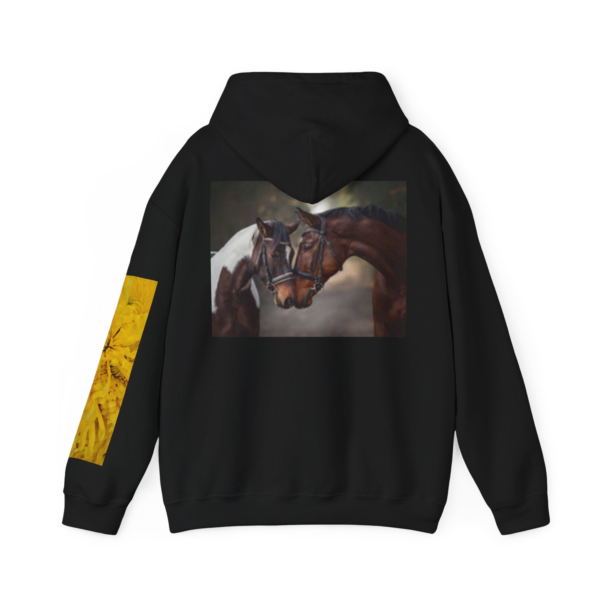 Sunrise Meadow & Horse Graphic Hoodie — Scenic Sunset Landscape and Saddled Horse Print