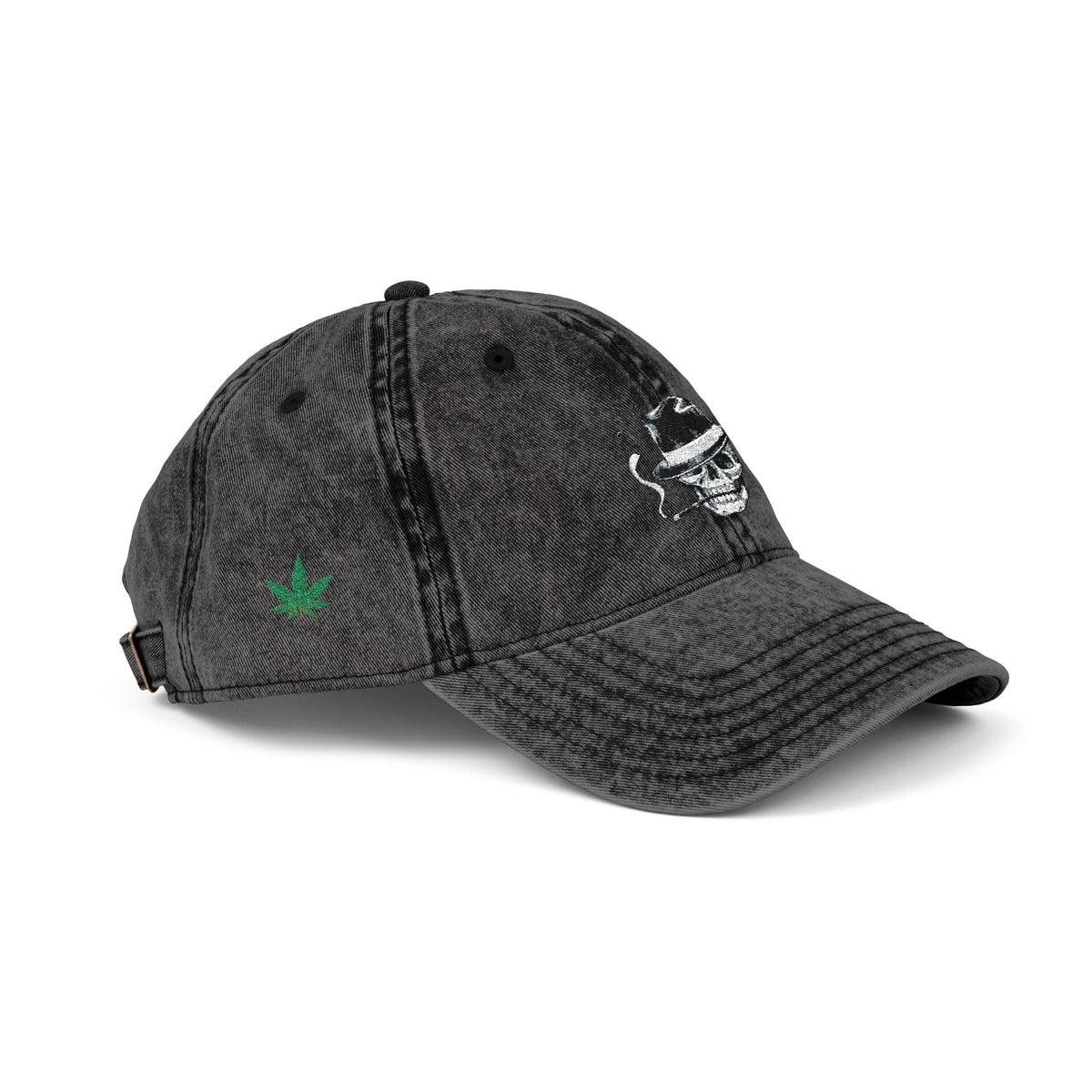 Vintage Embroidered Skull Cap — Retro Washed Baseball Hat with Smoking Skull & Cannabis Leaf