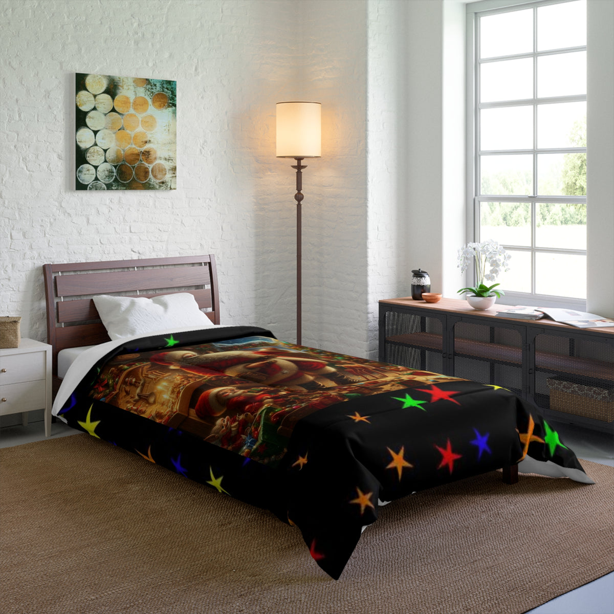 Christmas Santa's Workshop  Comforter - Festive Holiday Bedroom Quilt Cover