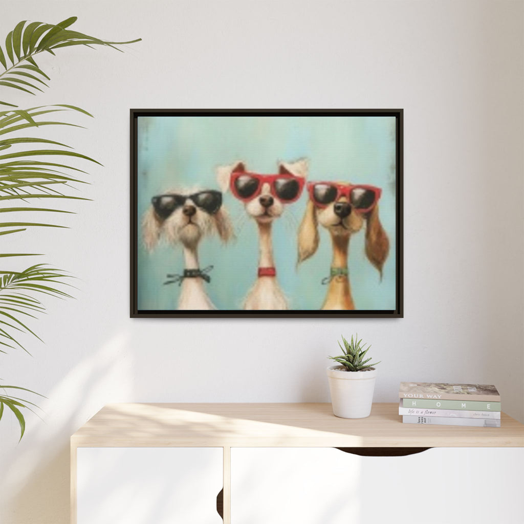 Framed Matte Canvas — Three Cool Dogs in Sunglasses Wall Art