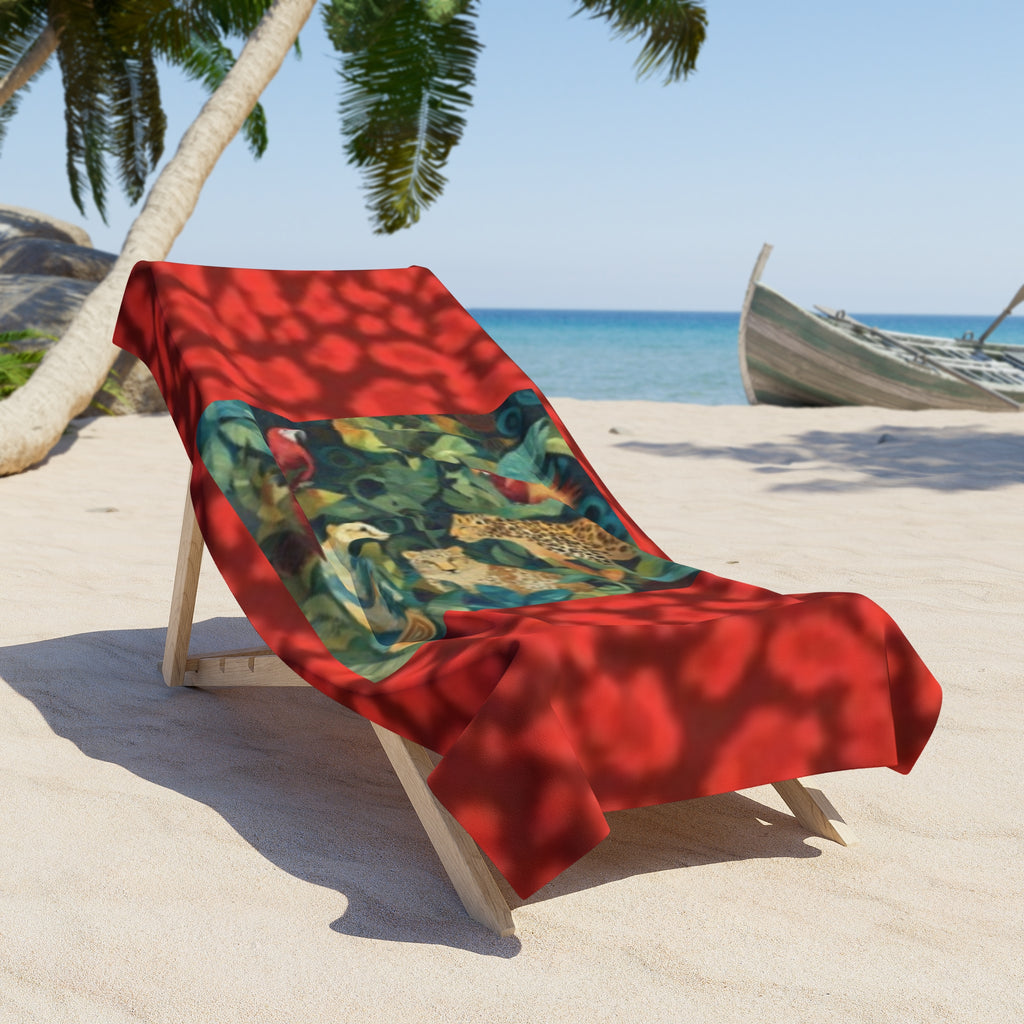 Tropical Jungle Beach Towel – Parrot & Leopard Leaf Print