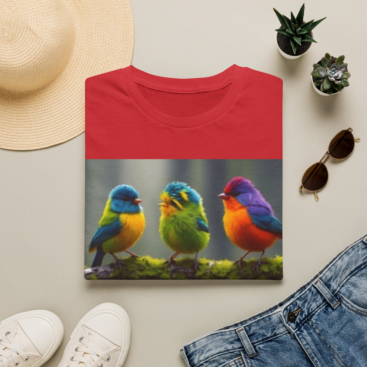 Colorful Rainbow Birds T-Shirt — Trio of Vibrant Songbirds Graphic Tee