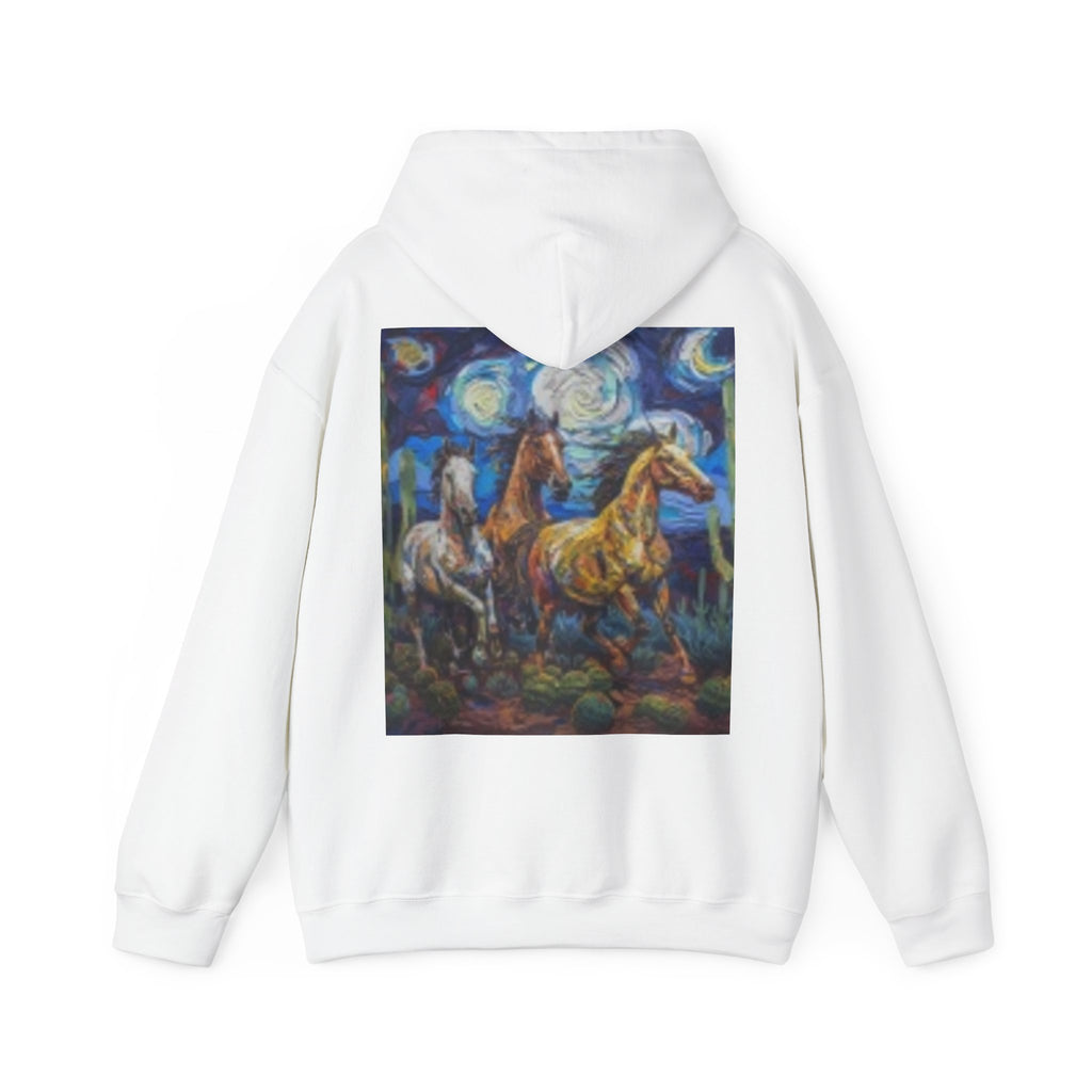 Sunface & Galloping Horses Hoodie — Boho Celestial Horse Art Sweatshirt