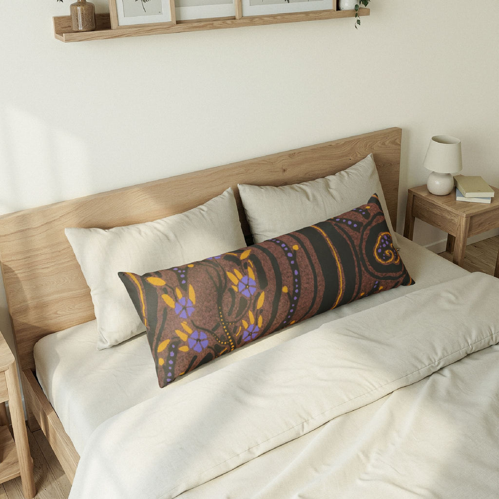 Boho Floral Body Pillow — Earthy Swirl Pattern with Purple Flowers
