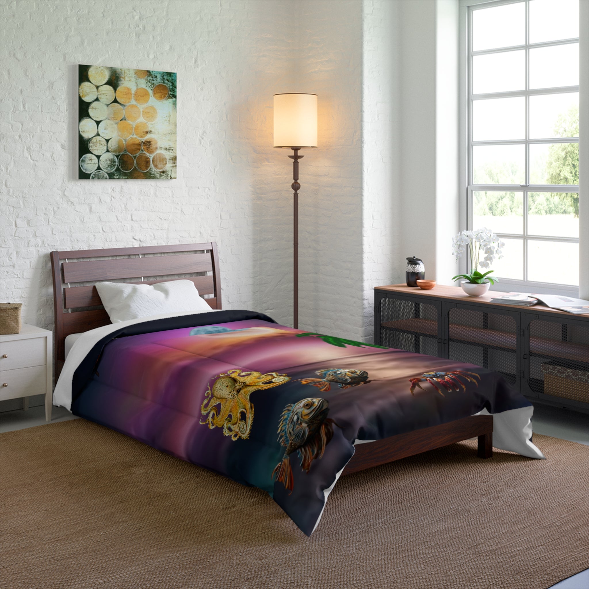 Tropical Moonlit Comforter - Surreal Beach Scene with Palm, Moon & Sea Creatures