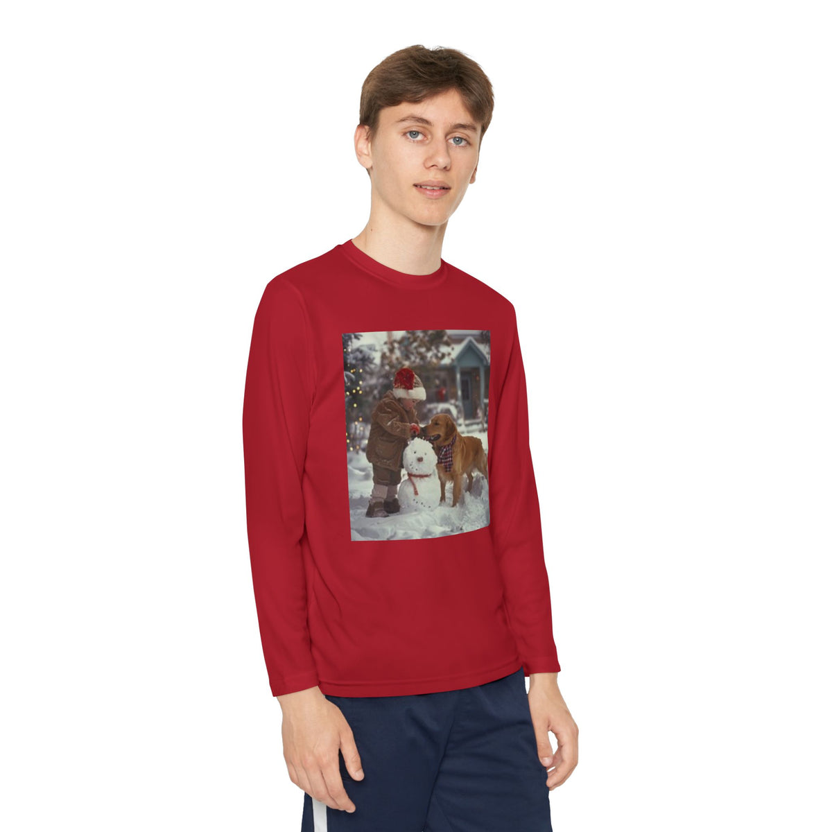 Youth Long Sleeve Tee — Christmas~Vintage Snow Day Kids Shirt with Snowman and Dog