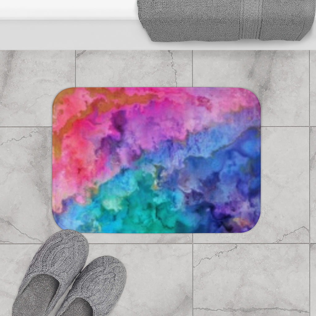 Vibrant Watercolor Cloud Bath Mat — Rainbow Abstract Non-Slip Bathroom Rug