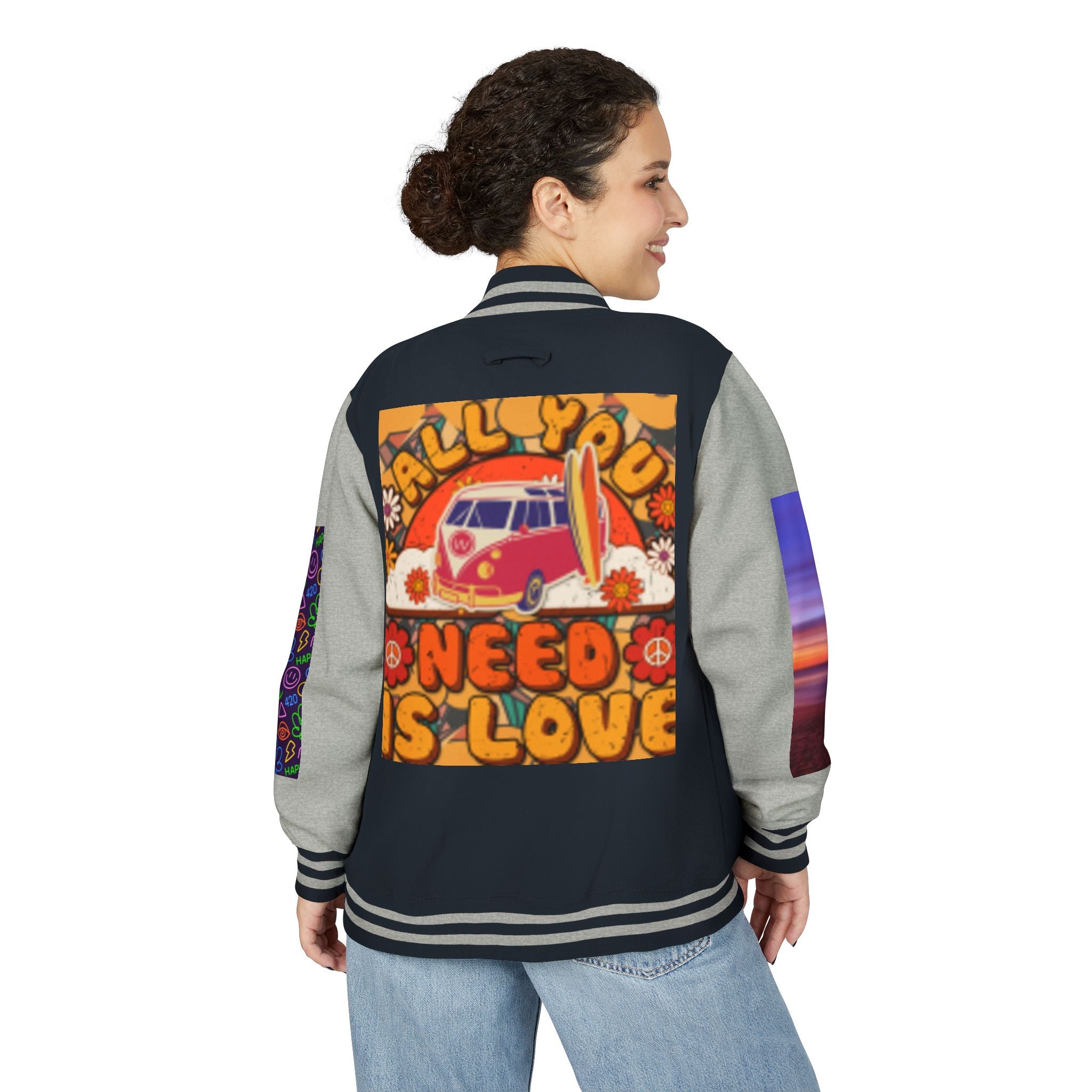 Letterman Jacket — Retro 'All You Need Is Love' Hippie Van & Cannabis Leaf Design