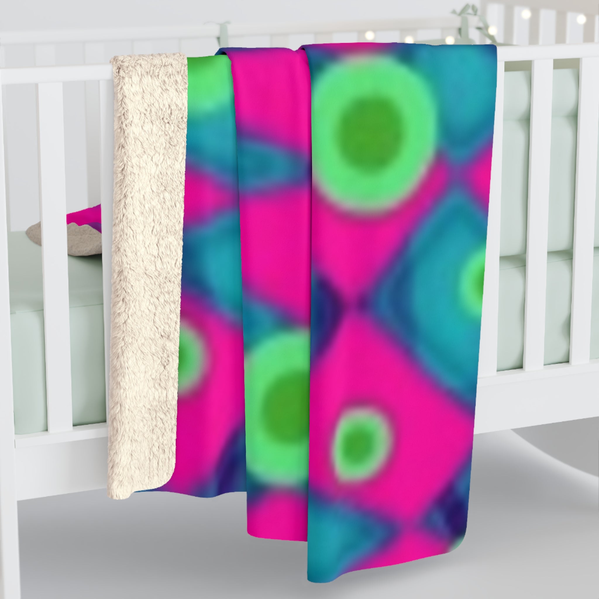 Vibrant Neon Abstract Sherpa Blanket — Plush Fleece Throw with Pink, Teal & Lime Pattern