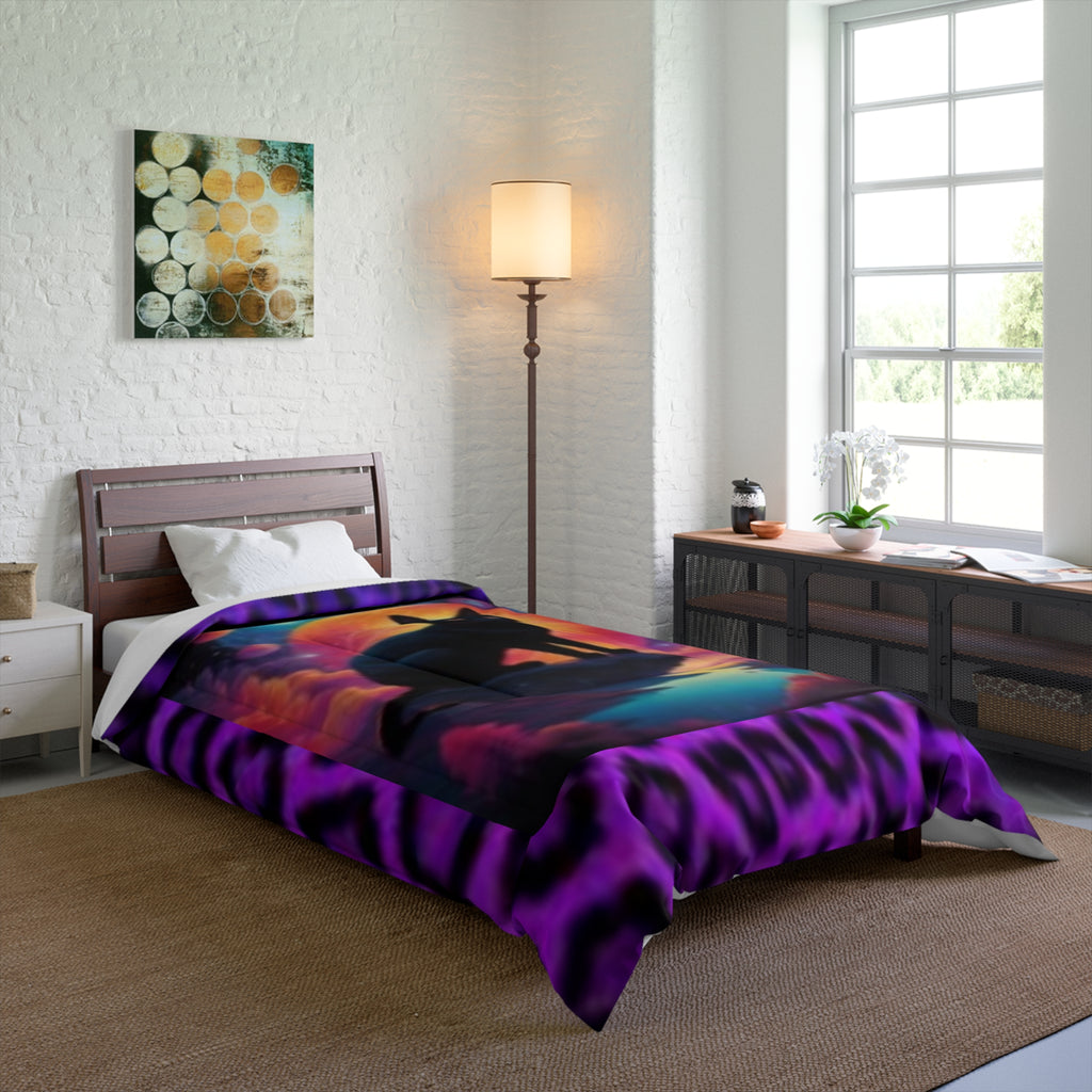 Black Cat Sunset with Purple Animal Print Comforter - Lightweight Cozy Bedding for All Seasons