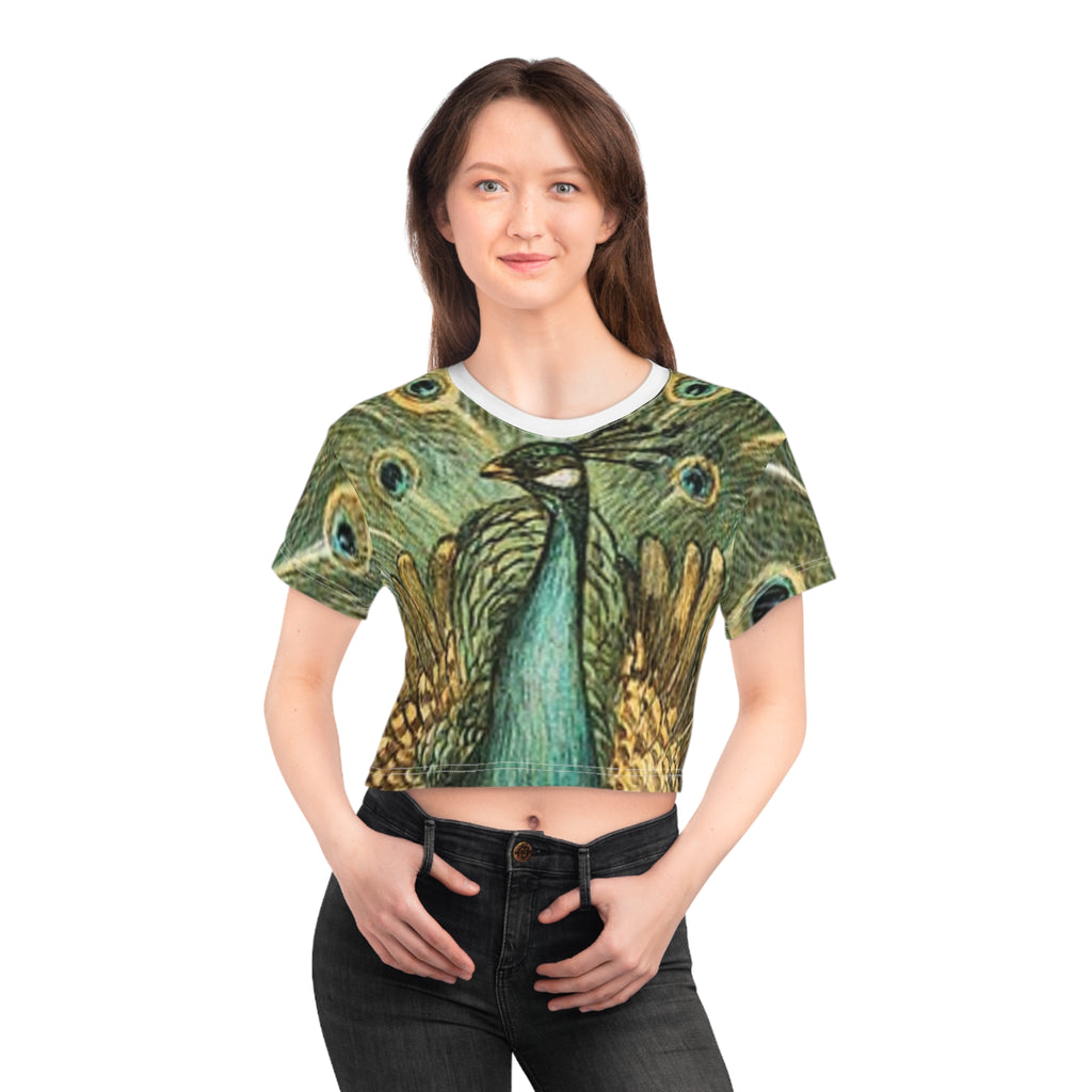 Peacock Art Crop T-shirt — Vintage Peacock Feather All-Over Print Pjamas