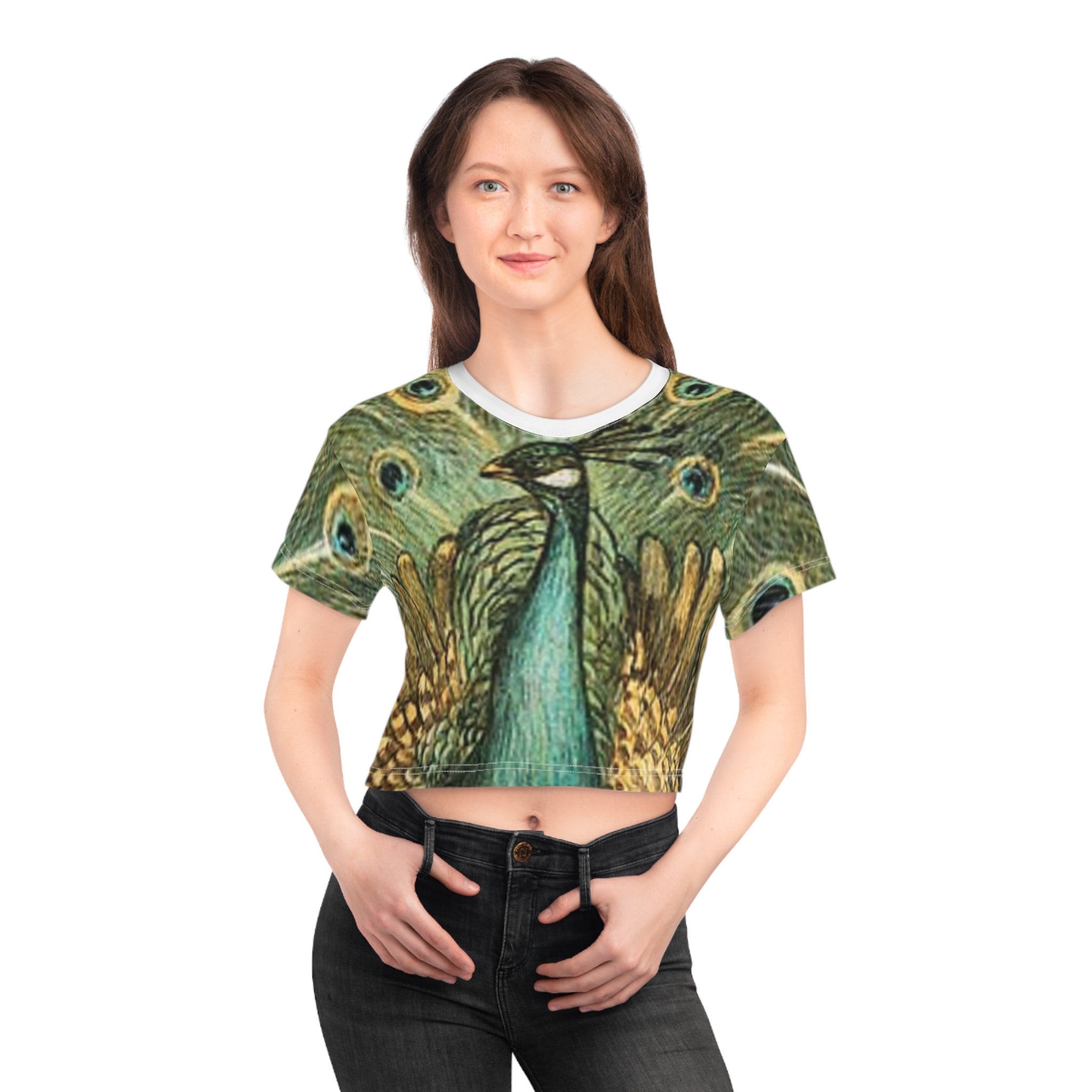 Peacock Art Crop T-shirt — Vintage Peacock Feather All-Over Print Pjamas
